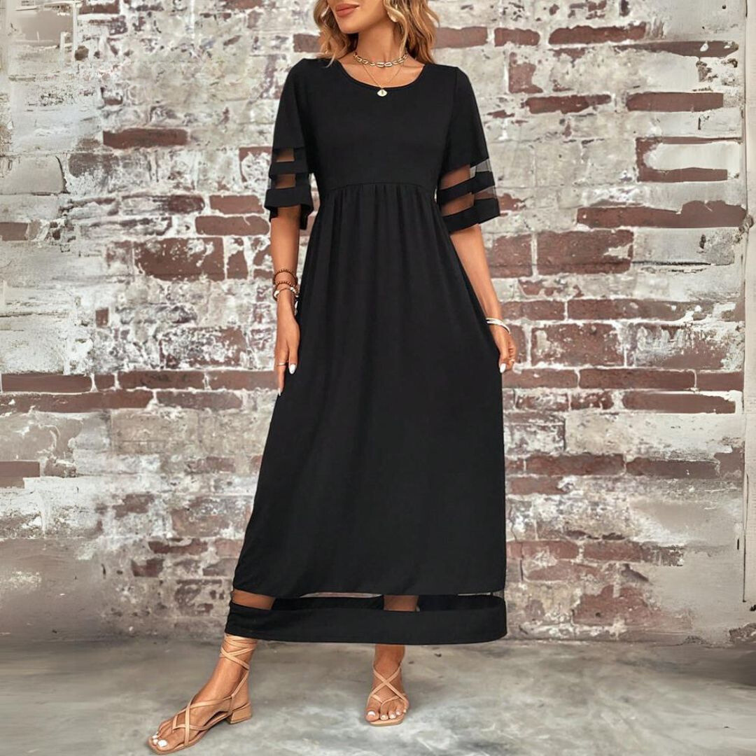 Maxi -Kleid - schiere Panel -Ärmel - elegantes lässiges Look 0