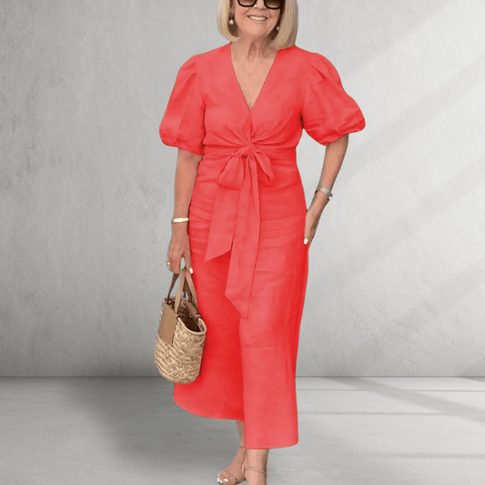 Cotton Midi Kleid - Puffärmel - Taillenkrawatte Detail 0