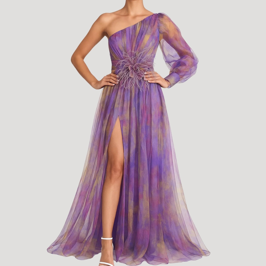 Ein Schulter -Maxikleid - Blumendesign - eleganter Hochzeitsgast -Look 0