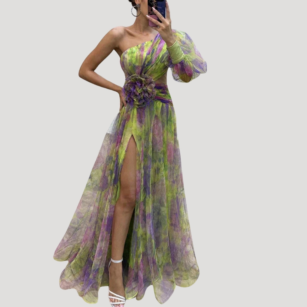 Ein Schulter -Maxikleid - Blumendesign - eleganter Hochzeitsgast -Look 4