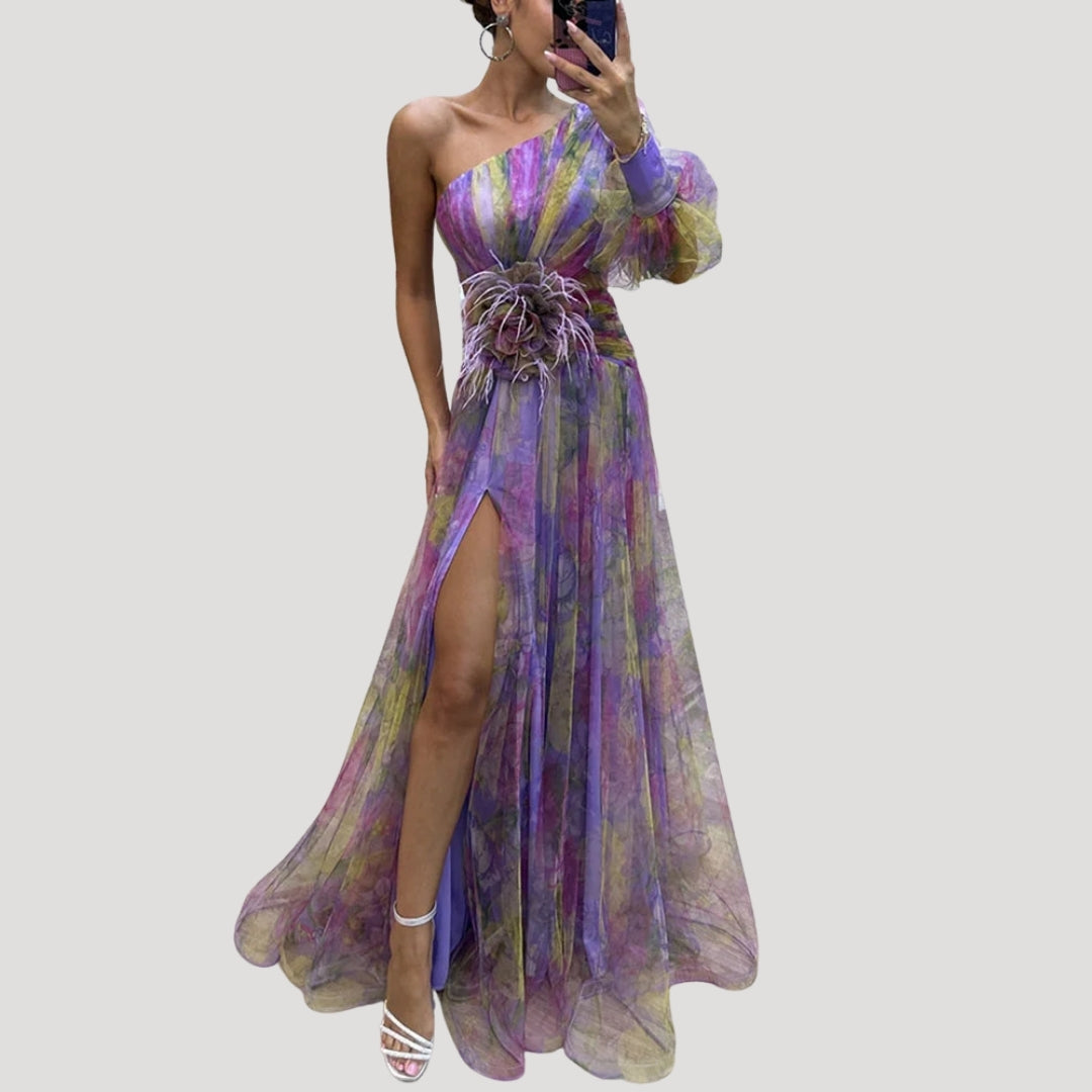 Ein Schulter -Maxikleid - Blumendesign - eleganter Hochzeitsgast -Look 6
