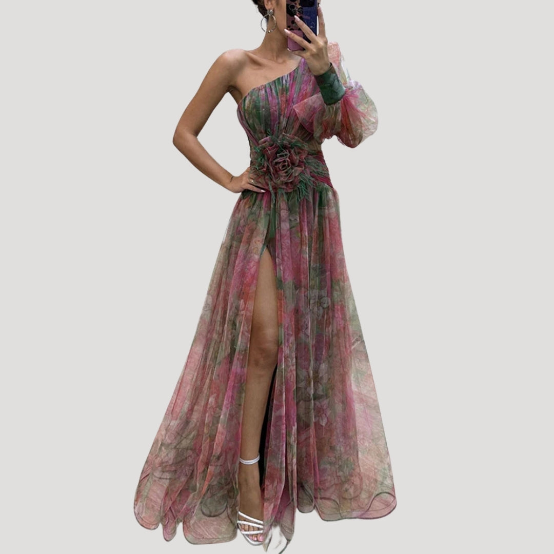 Ein Schulter -Maxikleid - Blumendesign - eleganter Hochzeitsgast -Look 7