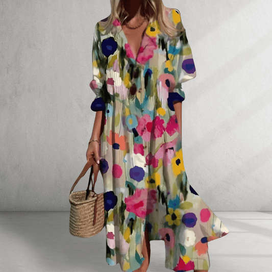 MIDI -Kleid - abstrakter Blumendruck - Boho -Stil 0