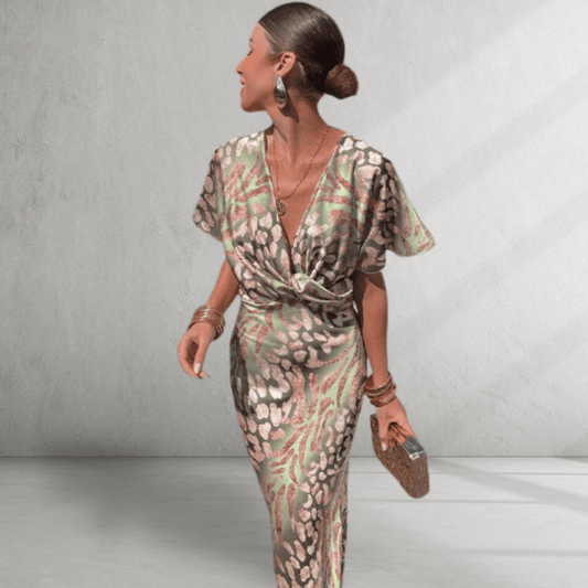 Maxi-Kleid-drapiert V-Ausschnitt-Eleganter Abenddruck 0