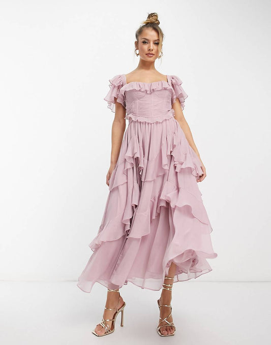 Maxi -Kleid - Rüschendetail - elegante Anlassverschleiß 0