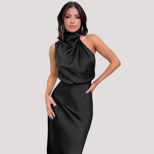 Satin Maxi -Kleid - Halfterhals - Eleganter Hochzeitsgast Look 0
