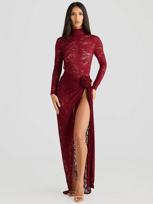 Spitzen Maxikleid - hoher Schlitz - eleganter Abend Glam 0